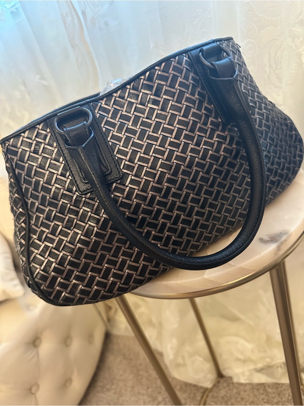 Bottega Veneta Intrecciato Nappa Leather Top Handle Tote Bag Black Silver